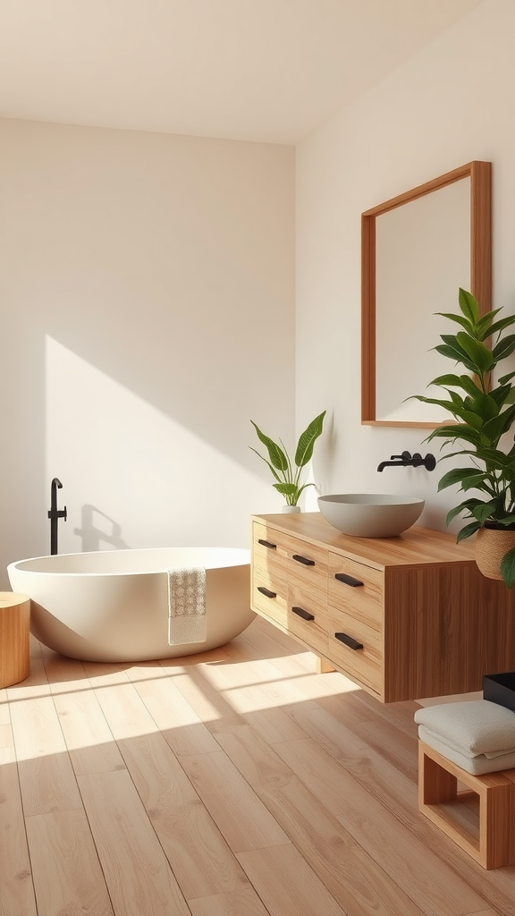 A modern Japandi bathroom featuring a minimalist design with clean lines, a wooden vanity, and a freestanding tub.