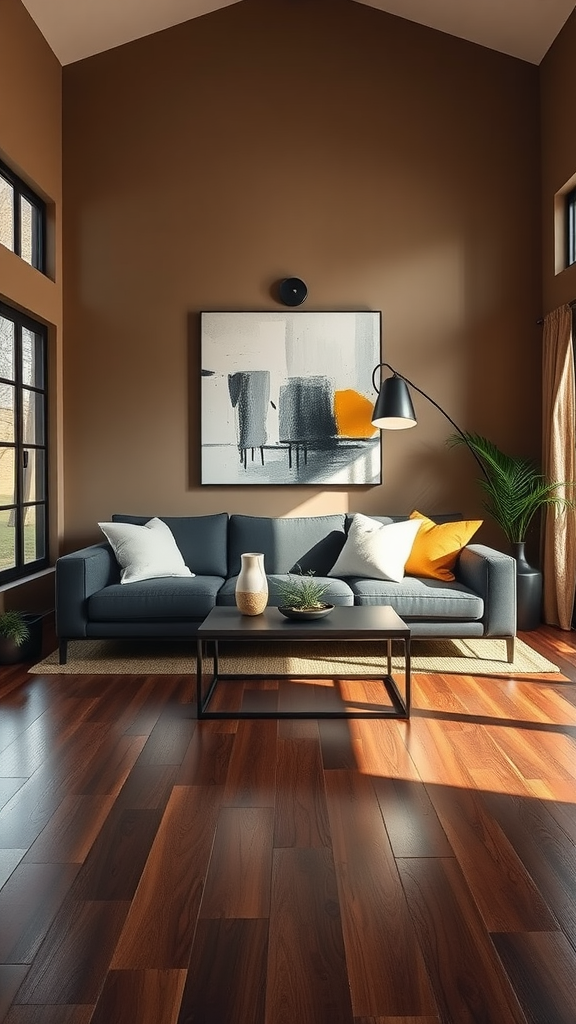 A stylish living room featuring a gray sofa, wooden flooring, and modern artwork.