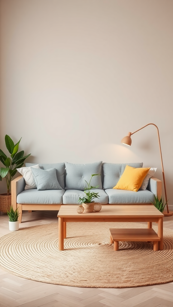 A cozy living room with a light blue sofa, wooden coffee table, and indoor plants, featuring earthy Scandinavian design.