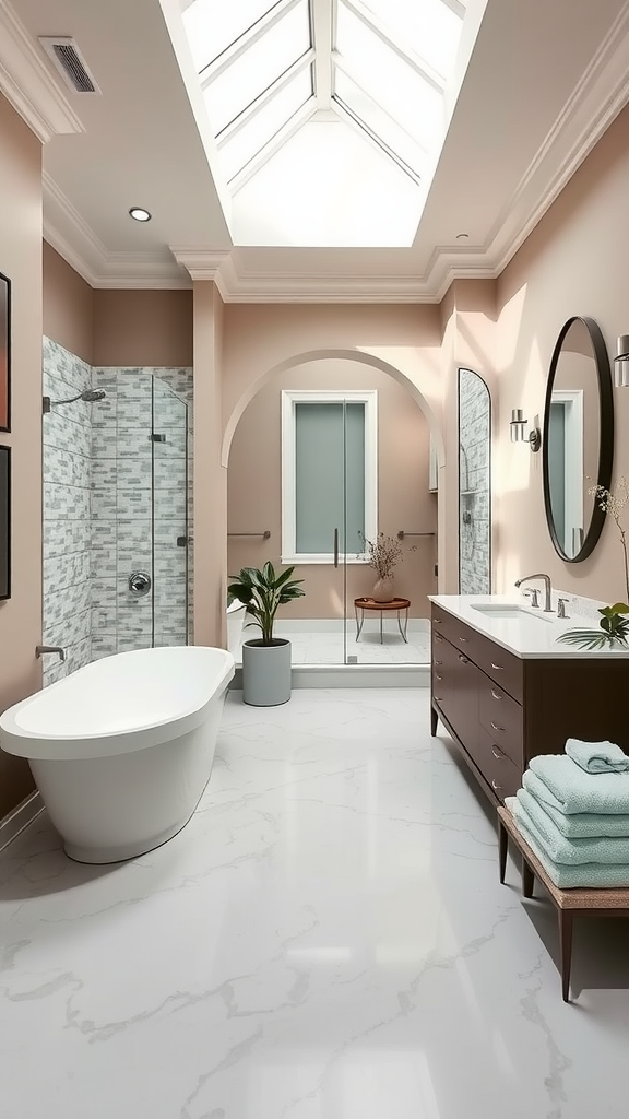 A spacious and elegant coastal bathroom featuring a freestanding tub, natural light from skylights, and modern decor.