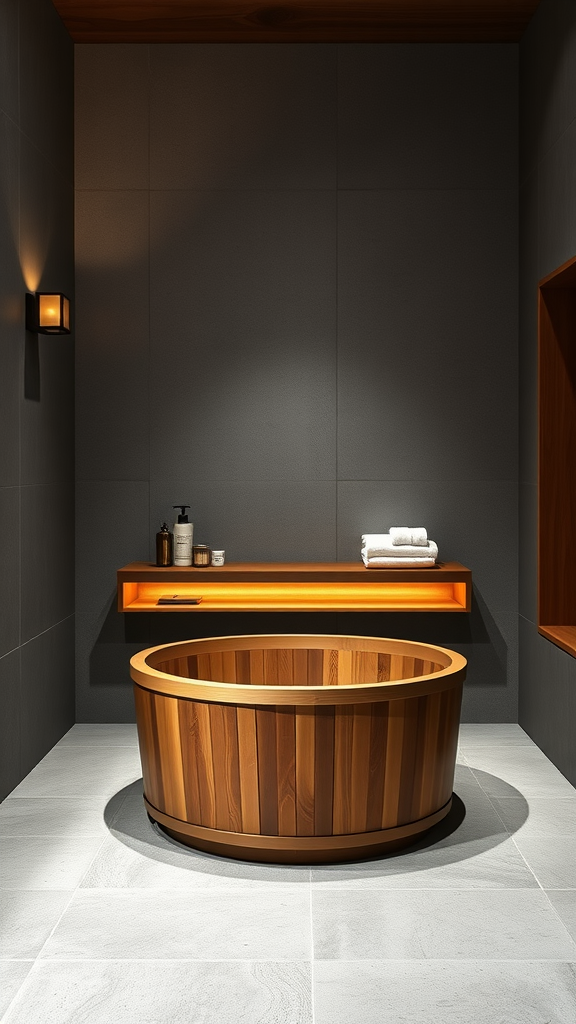 A modern Japanese bathroom featuring a round wooden bathtub, dark wall tiles, and a minimalist wooden shelf with towels.