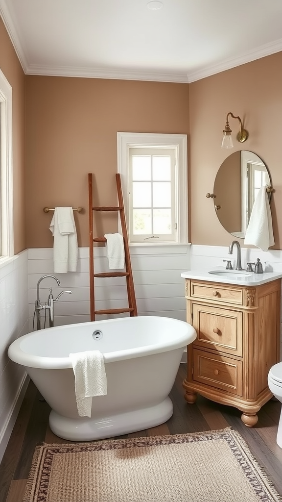 A cozy farmhouse chic bathroom featuring a white freestanding tub, wooden ladder, and natural wood elements.