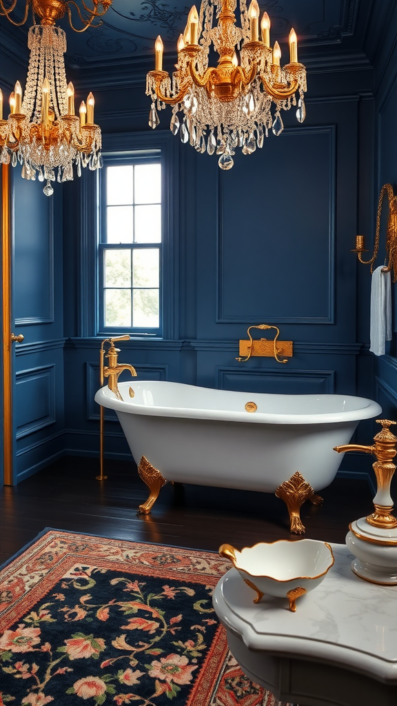 Opulent Victorian bathroom featuring a white bathtub with gold fixtures, navy blue walls, and chandeliers.