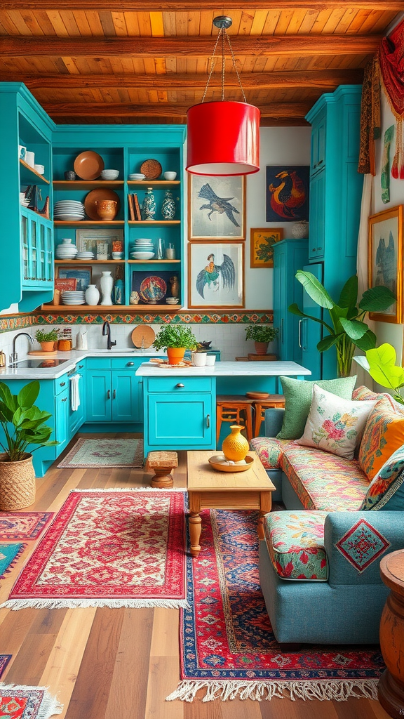 A colorful and vibrant living room and kitchen combo featuring turquoise cabinets, a wooden ceiling, and eclectic decor.