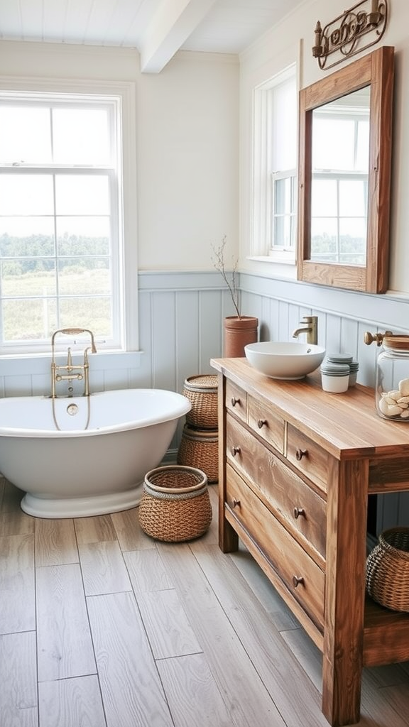 A coastal farmhouse bathroom with a freestanding tub, wooden vanity, and natural decor.