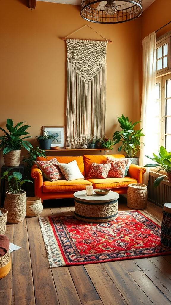 Cozy boho chic living room with orange couch, plants, and macramé wall hanging