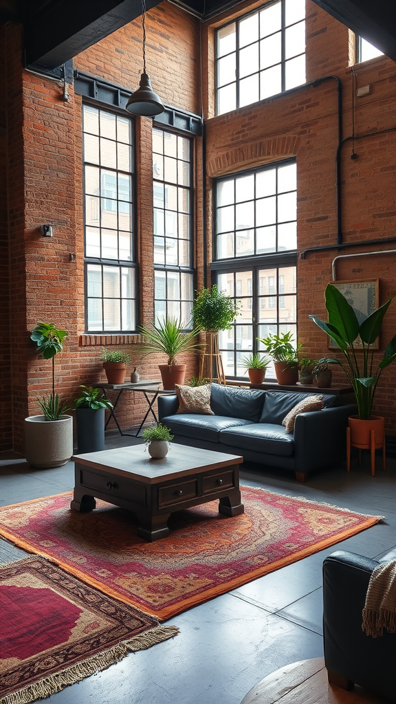 A cozy urban loft living room featuring exposed brick walls, large windows, and various plants.