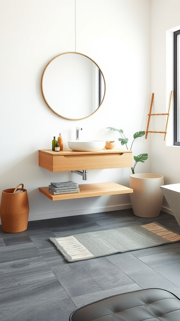 Modern floating vanity in a minimalist bathroom with natural elements