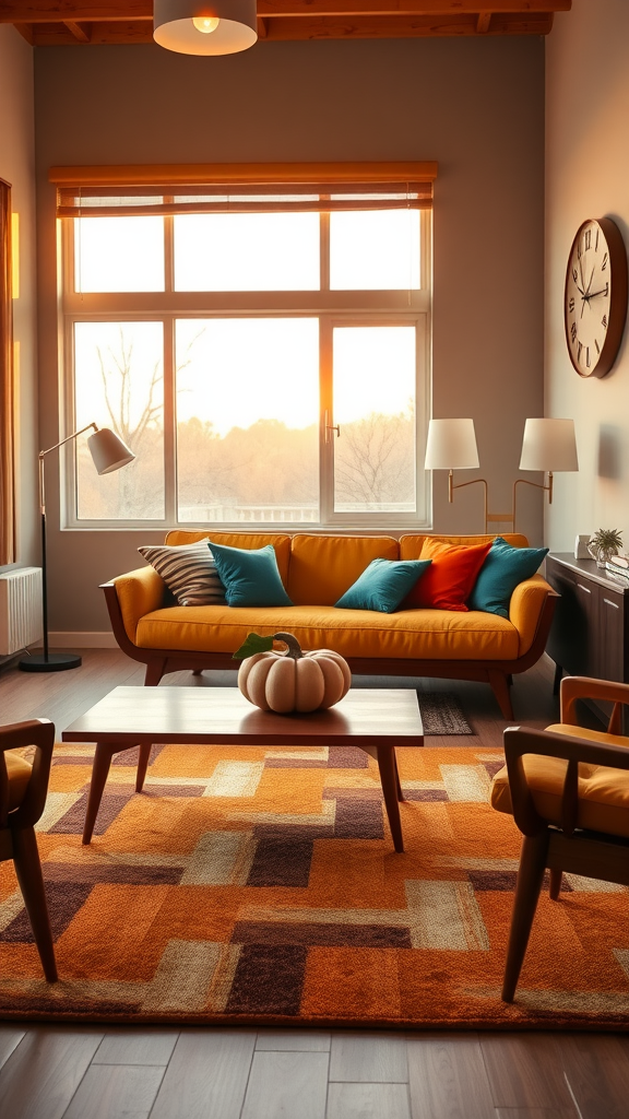 A cozy mid-century living room with a yellow sofa, colorful pillows, a pumpkin on the coffee table, and an orange geometric rug.