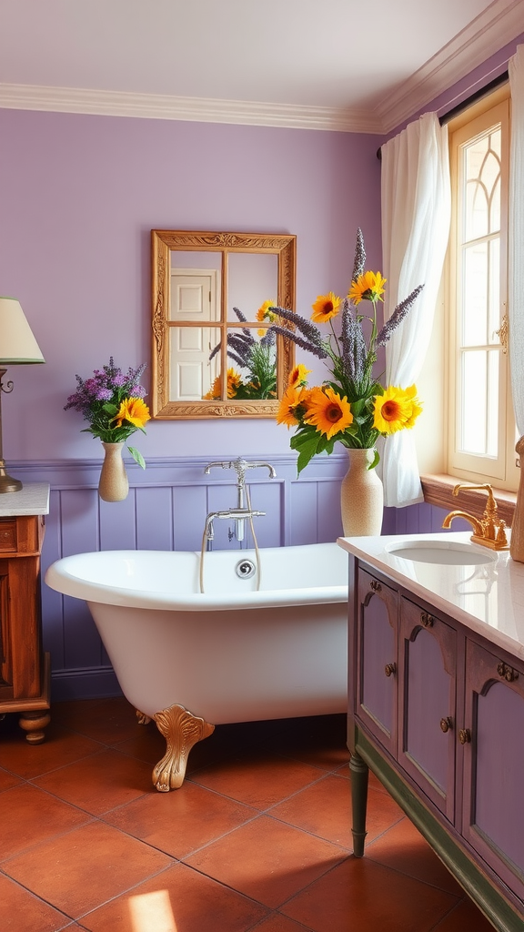 A Provence-themed bathroom with lavender walls, a freestanding tub, and vibrant flower arrangements.