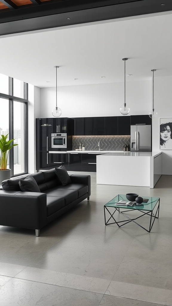 Modern living room and kitchen combo with black and white decor, featuring a leather sofa and stylish kitchen fixtures.