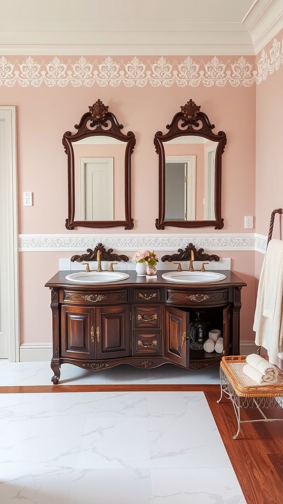 A Victorian style double sink vanity with wooden cabinets, two sinks, and ornate mirrors against a pink wall.