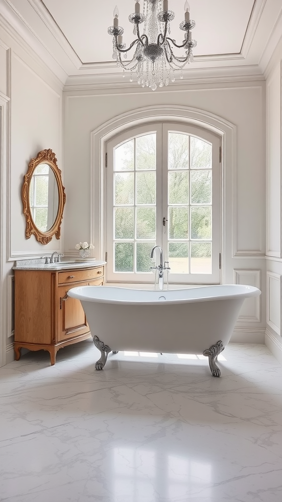 Elegant French country bathroom featuring a freestanding bathtub, wooden vanity, chandelier, and large windows