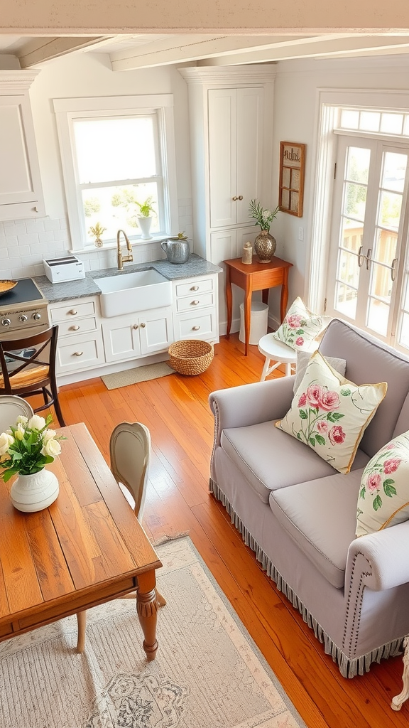 Cozy French country living room and kitchen combo with a lavender sofa, floral cushions, and a farmhouse sink.