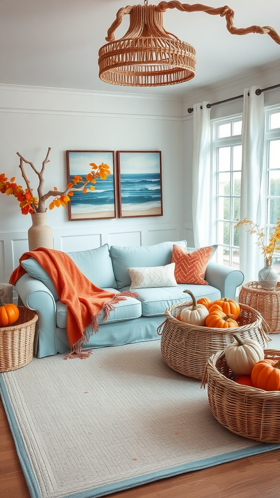 A cozy coastal living room decorated for fall, featuring a light blue couch with orange accents, pumpkins in baskets, and beach-themed art.