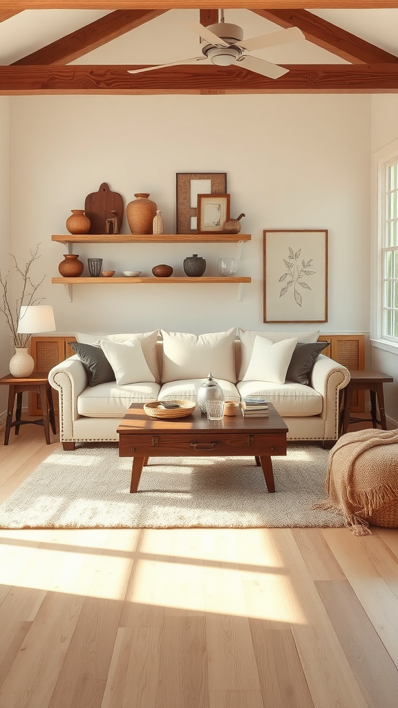 A cozy farmhouse living room with neutral colors, wooden shelves displaying pottery, and a comfortable couch.