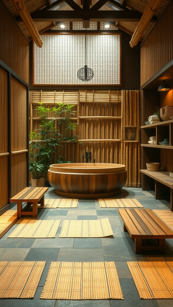 A Japanese bathhouse featuring bamboo details and a wooden tub, designed for relaxation.