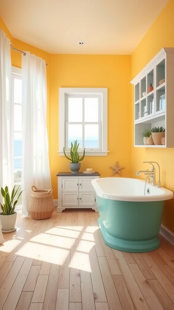 A bright and cheerful coastal bathroom with yellow walls, a teal bathtub, and a view of the ocean.