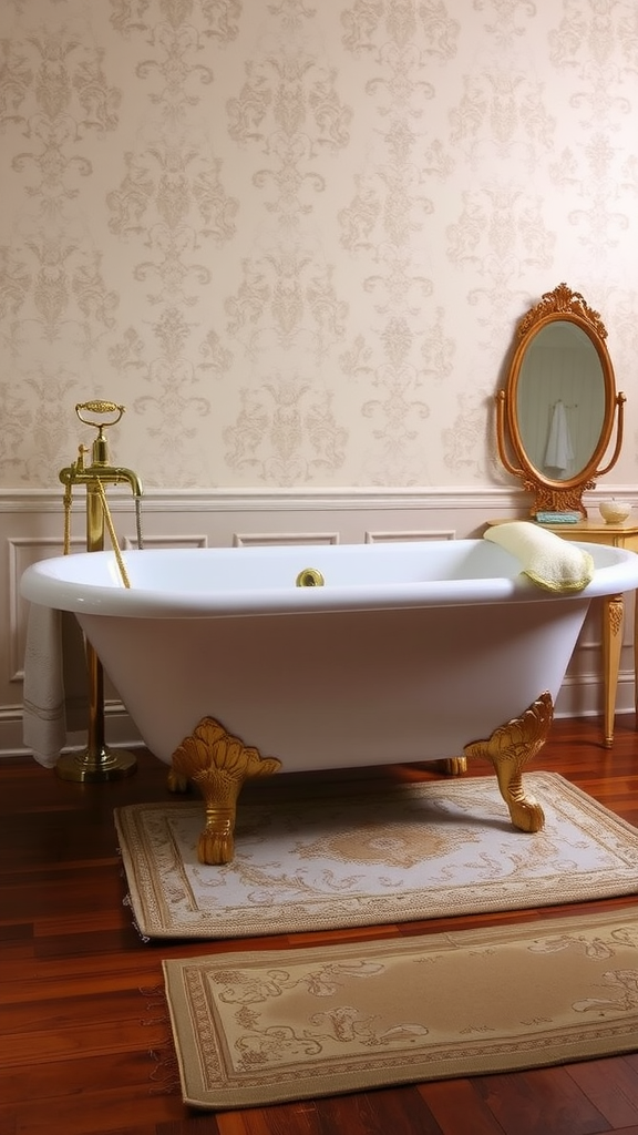 Victorian bathroom featuring a clawfoot bathtub, gold accents, floral wallpaper, and wooden flooring.