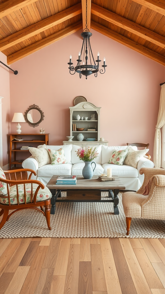 Cozy living room with vintage farmhouse style, featuring wooden beams, soft pink walls, and floral furniture