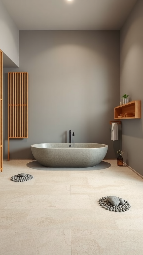 Zen garden inspired bathroom with a freestanding tub and stone accents