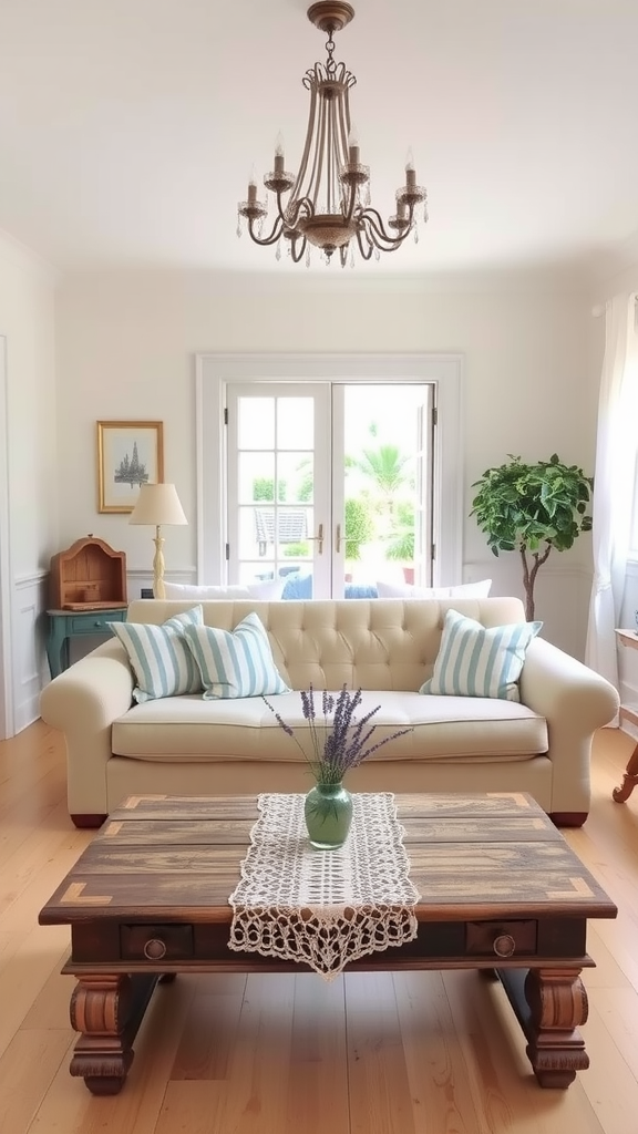 Bright and airy living room with cream sofa, striped cushions, wooden coffee table, and elegant chandelier.