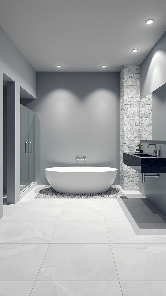 A modern bathroom featuring a freestanding tub, gray walls, and marble flooring, designed for relaxation.