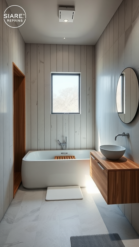 A small Japanese-inspired bathroom featuring a freestanding bathtub, wooden vanity, and natural light.