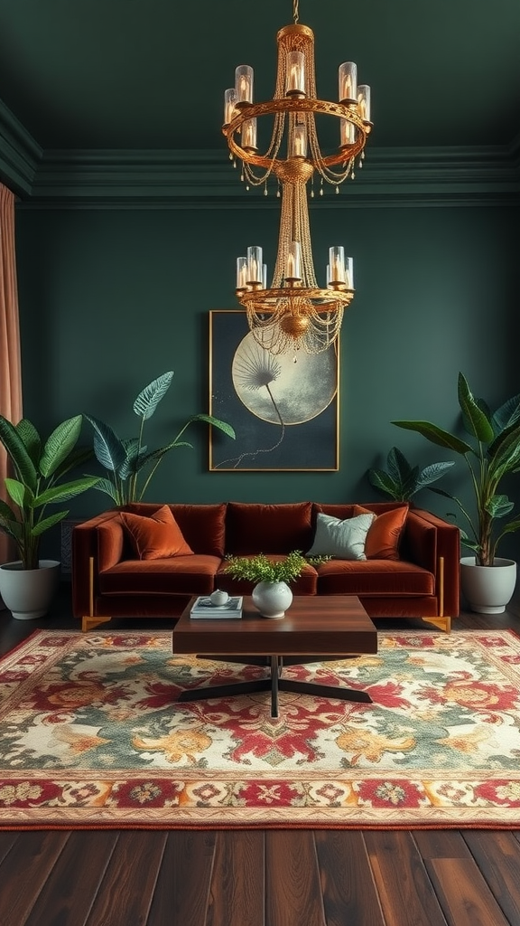 A luxurious living room with a green wall, velvet rust couch, chandelier, and potted plants.