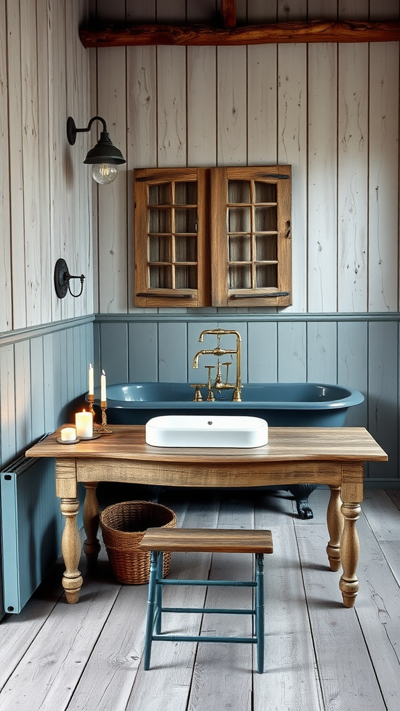 Rustic bathroom featuring wooden accents, deep blue bathtub, and cozy lighting