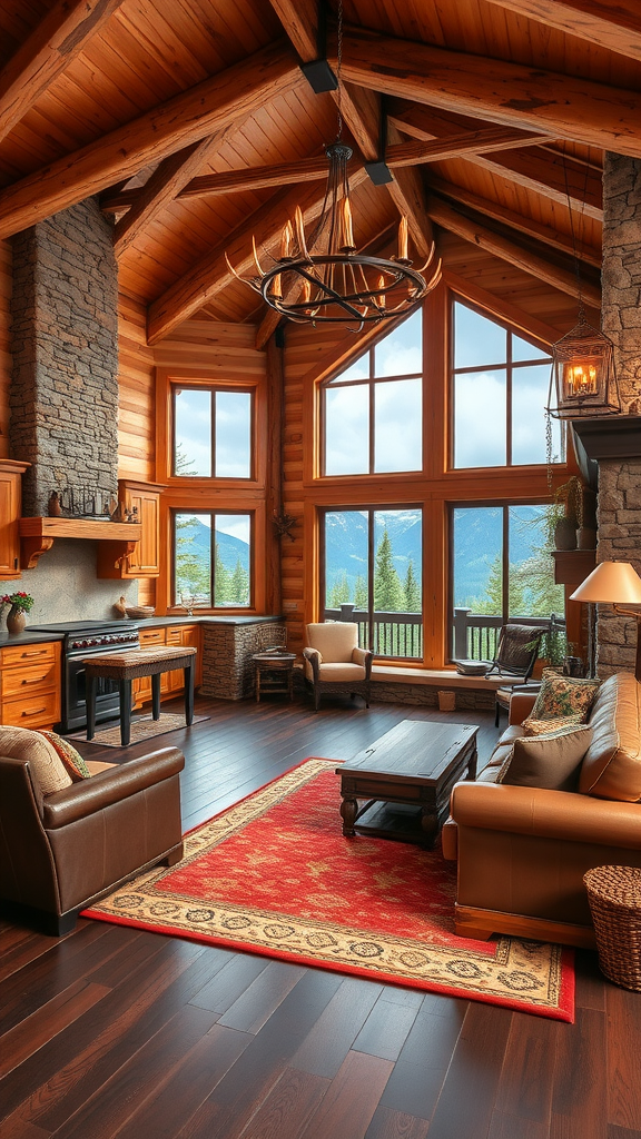 Rustic mountain lodge living room and kitchen combo featuring wooden interiors, large windows, and cozy seating.