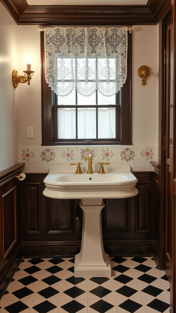 Victorian bathroom featuring a pedestal sink, floral tiled backsplash, and black and white flooring