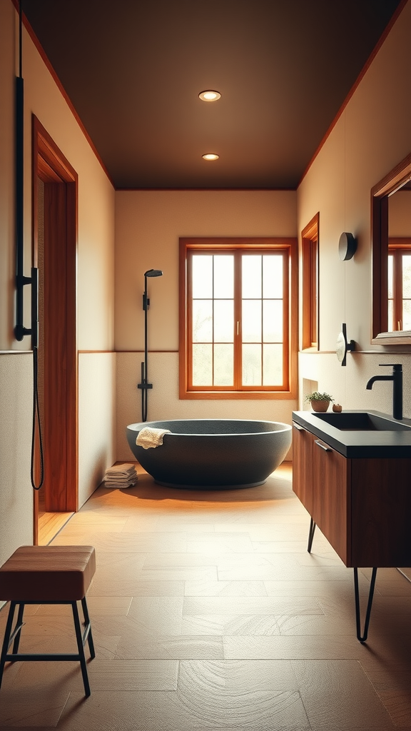 A modern bathroom featuring warm earth tones, a freestanding black tub, wooden accents, and ample natural light.