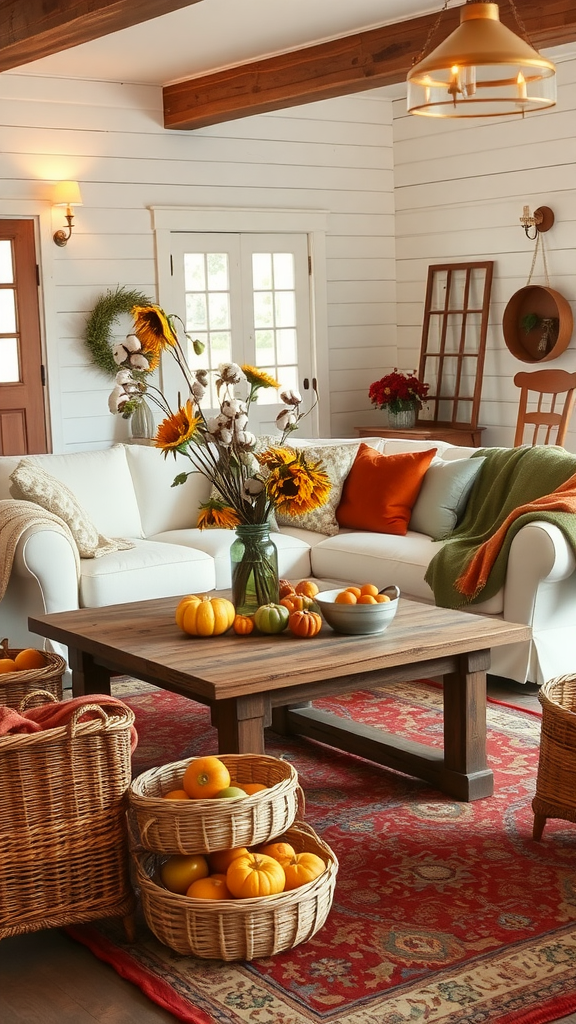 A cozy living room decorated for autumn with a white sofa, wooden coffee table, pumpkins, and sunflowers.