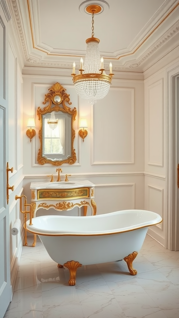 A luxurious French bathroom featuring a freestanding tub, ornate chandelier, and elegant decor.