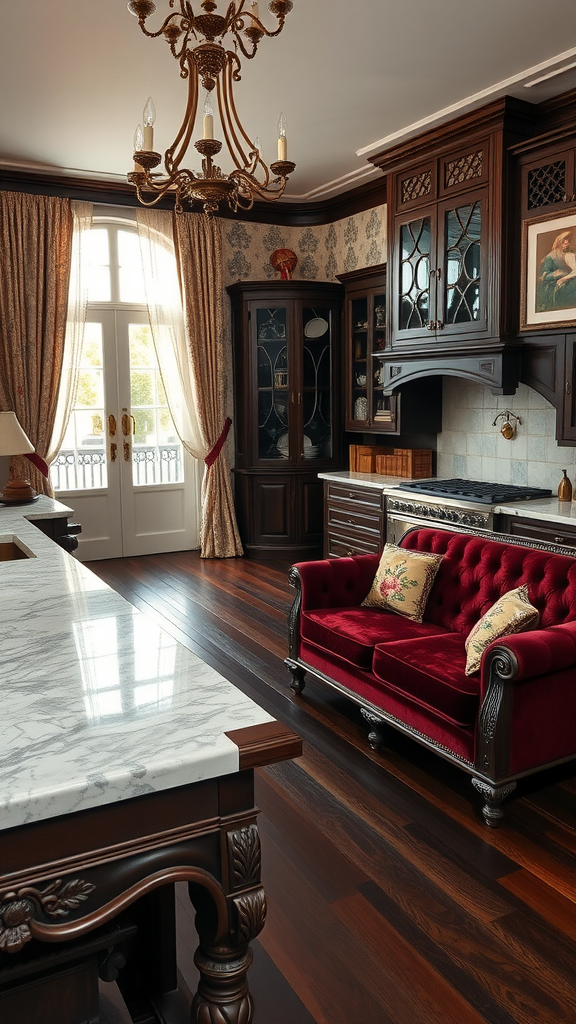 Classic Victorian living room and kitchen combo featuring dark wood cabinetry, a marble countertop, and a red velvet couch.