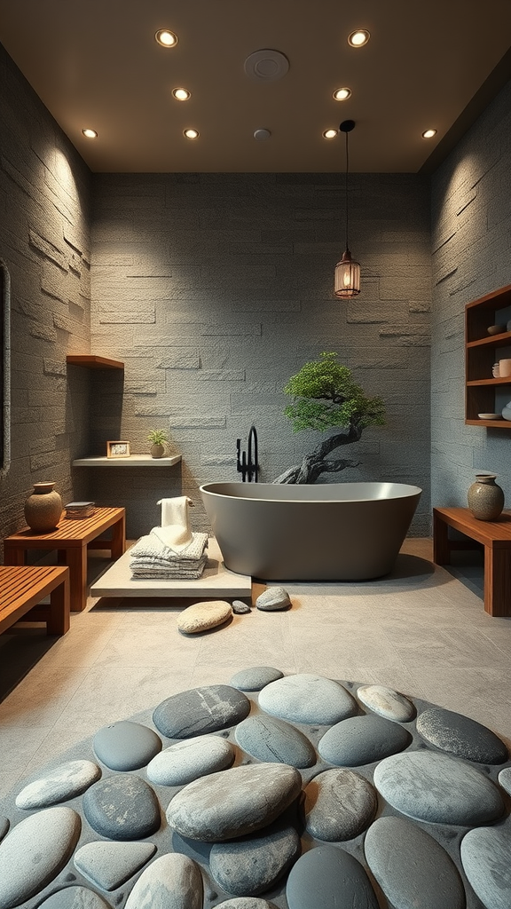 A Japanese-style bathroom featuring a soaking tub, gray stone walls, wooden furniture, and an indoor rock garden.