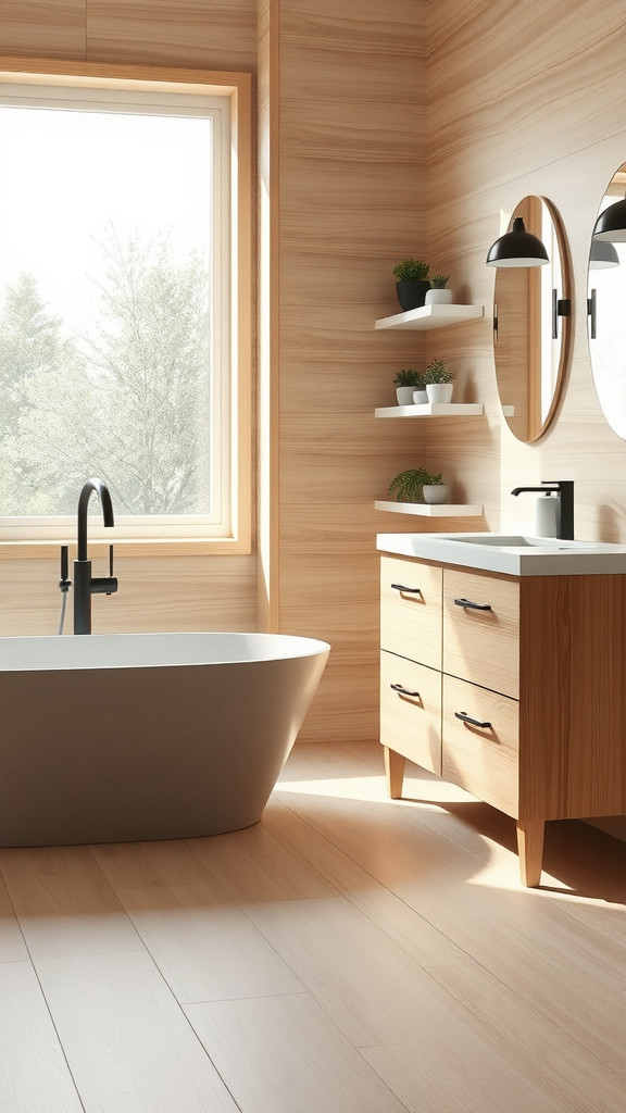 A modern bathroom with wooden walls, a freestanding bathtub, and natural light.