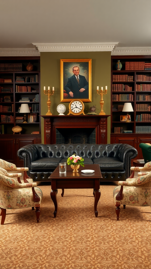 A traditional English manor living room with a black leather sofa, patterned armchairs, and a portrait on the wall.