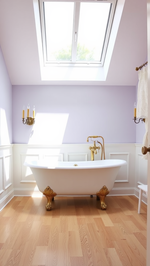 Victorian bathroom featuring a freestanding tub under a skylight with lavender walls and gold fixtures.