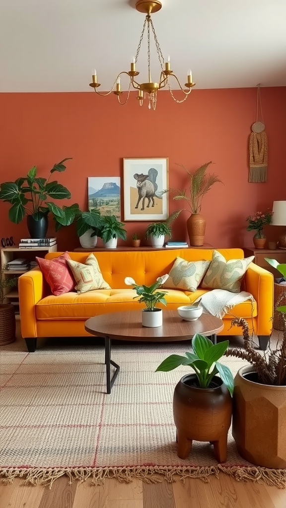 Eclectic living room with a yellow couch, terracotta wall, plants, and art decor.