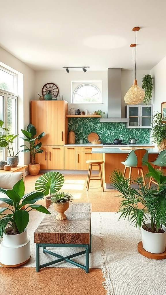 Eco-friendly living room and kitchen combo with green plants and natural wood features