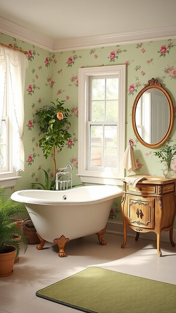 A charming French Provincial bathroom featuring a clawfoot tub, floral wallpaper, and wooden vanity.