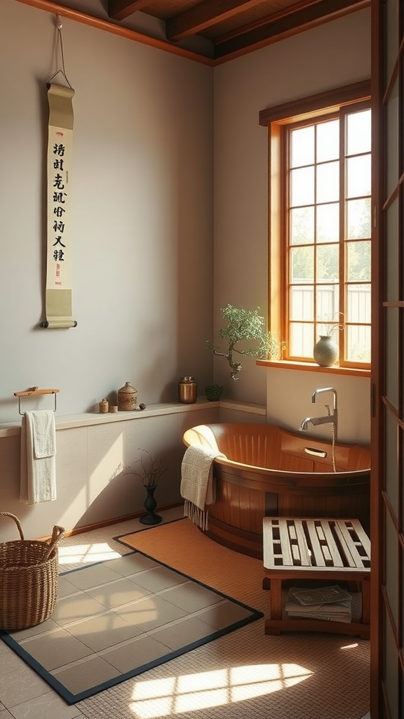 A serene bathroom inspired by Japanese tea rooms, featuring a wooden tub, natural light, and minimalistic decor.