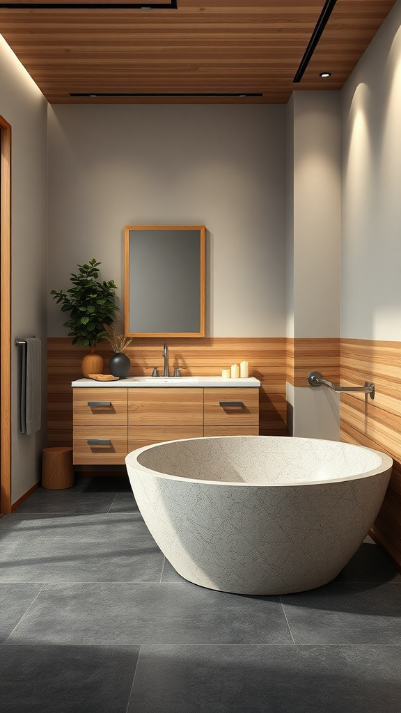 Modern Japandi bathroom featuring wood accents, a round freestanding bathtub, and a minimalist design.