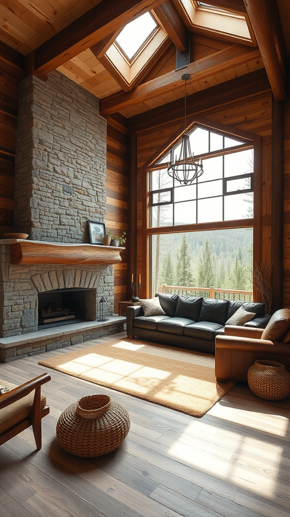 Cozy mountain lodge living room with stone fireplace and large windows