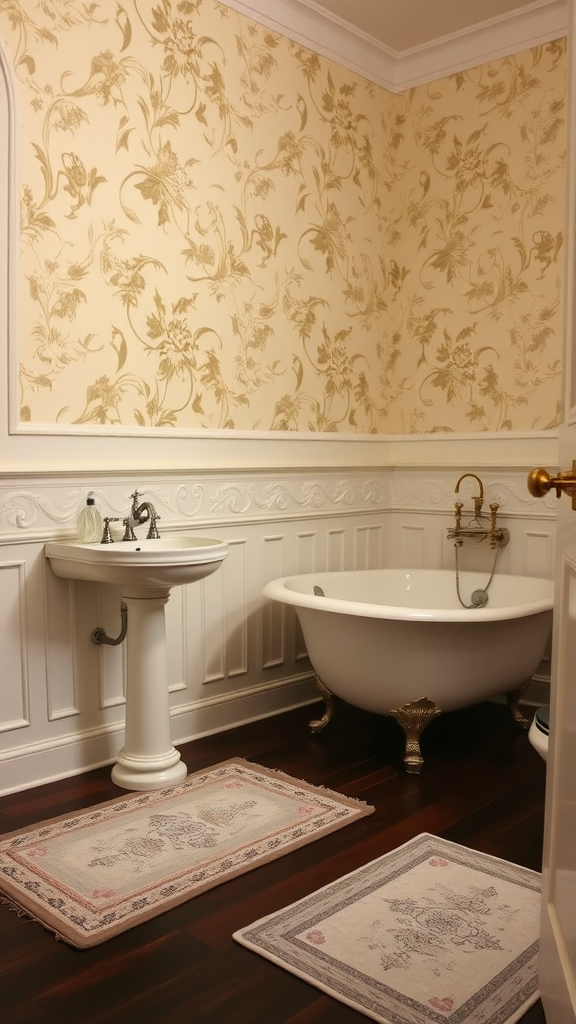 Victorian bathroom with detailed wainscoting, clawfoot tub, and floral wallpaper