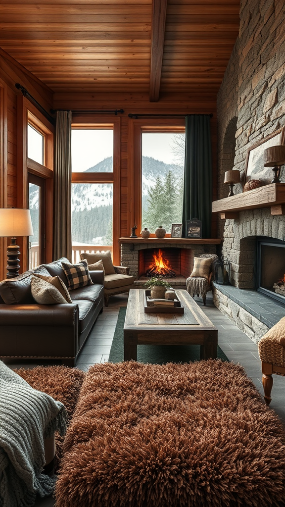 Cozy living room with wooden beams, a stone fireplace, and mountain views, featuring plush seating and warm decor.