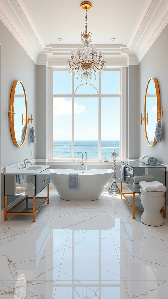 A luxurious coastal bathroom featuring ocean views, a freestanding tub, and elegant accents.