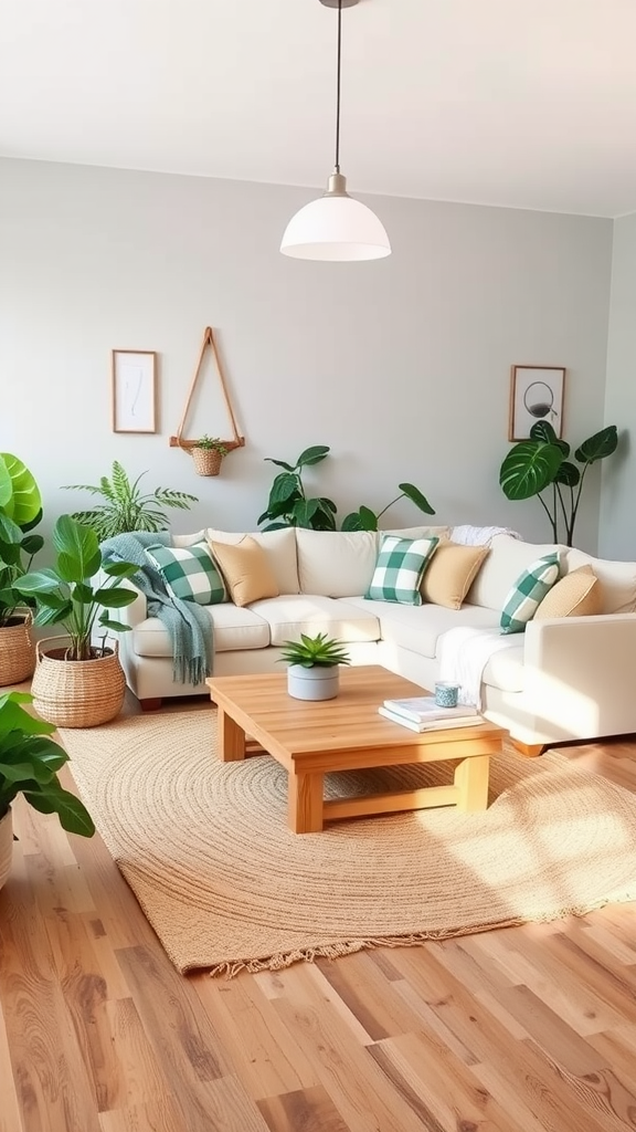 A cozy living room featuring a sectional sofa, wooden coffee table, plants, and a jute rug, showcasing an earthy modern farmhouse style.